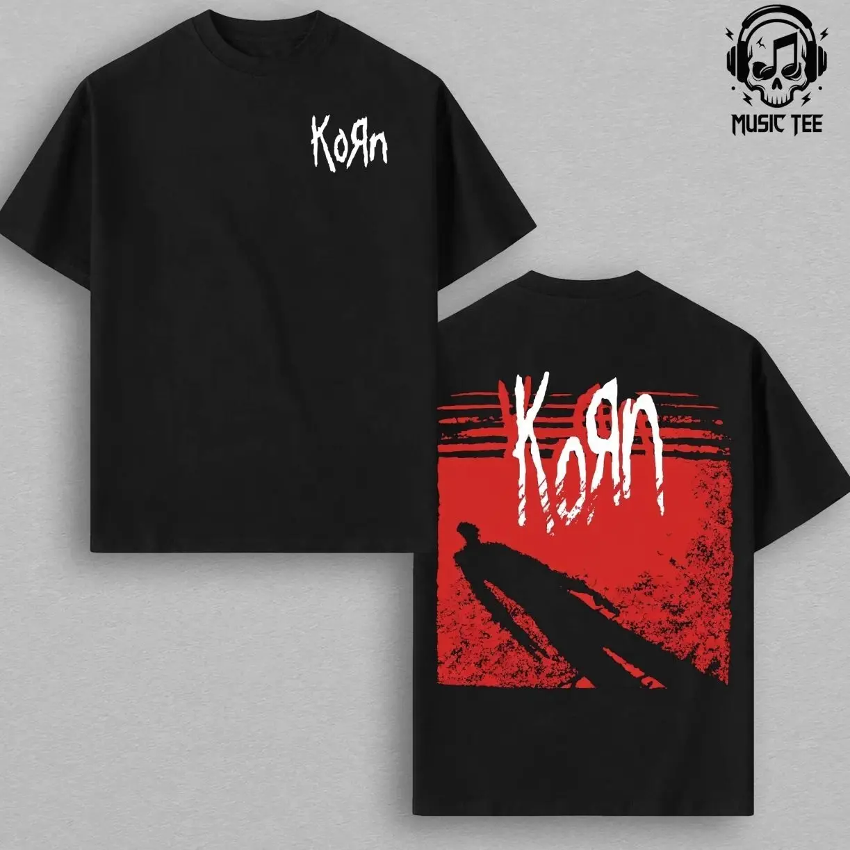 KoRn T-Shirt Nu Metal Band Graphic Tee Red Back Print Silhouette Design Minimal White Logo Front Black Standard Unisex Tee Concert Merch Gift for Metal Fans Sick New World 2026 Tour Streetwear 9U4