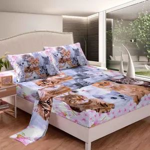 Cartoon Cat Sheet Set,Cute Animal Flowers Decorative Bed Sheets for Boys Girls Teens,Pink All Season Bedroom Decor Bed Set
