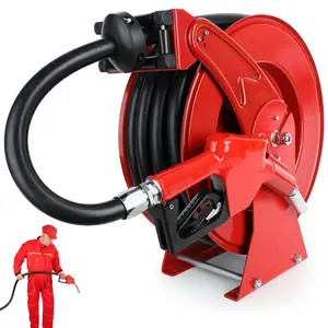 BreAro Fuel Hose Reel Retractable, Auto Swivel Rewind Hose with Refueling Nozzle, Inlet & Oulet NPT 1'' Thread Swivel, 300 PSI Heavy Duty Steel Construction Reel, Red