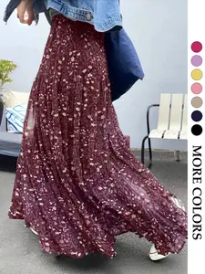 Women's French Country Style Ditsy Floral Cake Dress, High Waist Elastic Multi-Layer A-Line Flowy Skirt, Summer Vacation Long Dress for Girls