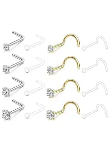 16Pcs Clear Nose Studs for Women Men 20G Nose Rings Hypoallergenic Surgical Steel AAA+ CZ Corkscrew L Shape Nose Piercing Jewelry Nose Retainers Perfect Gift