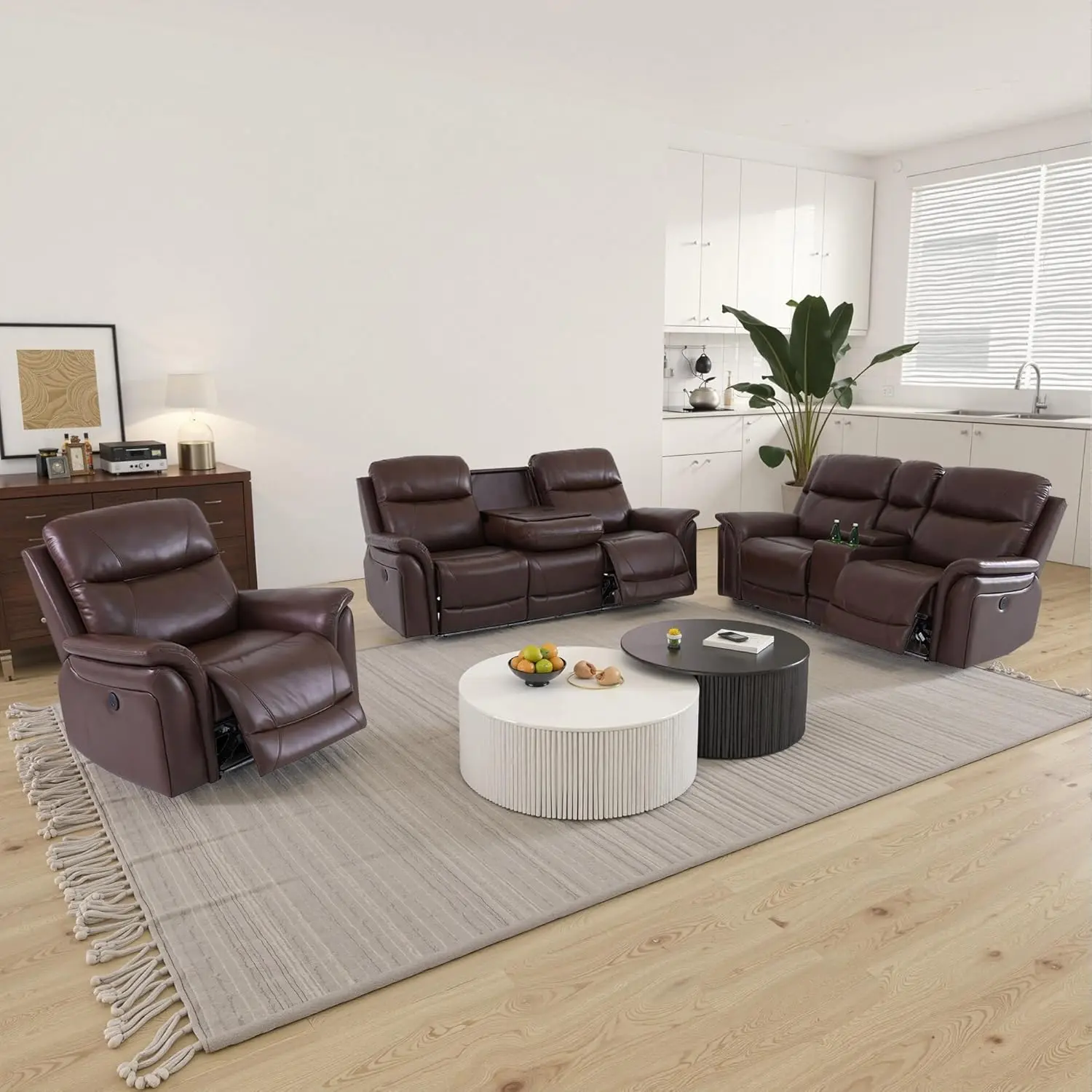 Breathable Leather Power Recliner Sofa Set, 3 Piece Living Room Furniture Set, Reclining Sofa Loveseat Chair Set with LED Lighting/USB Port/Cup Holders/Storage for Home Theater (Reddish Brown)