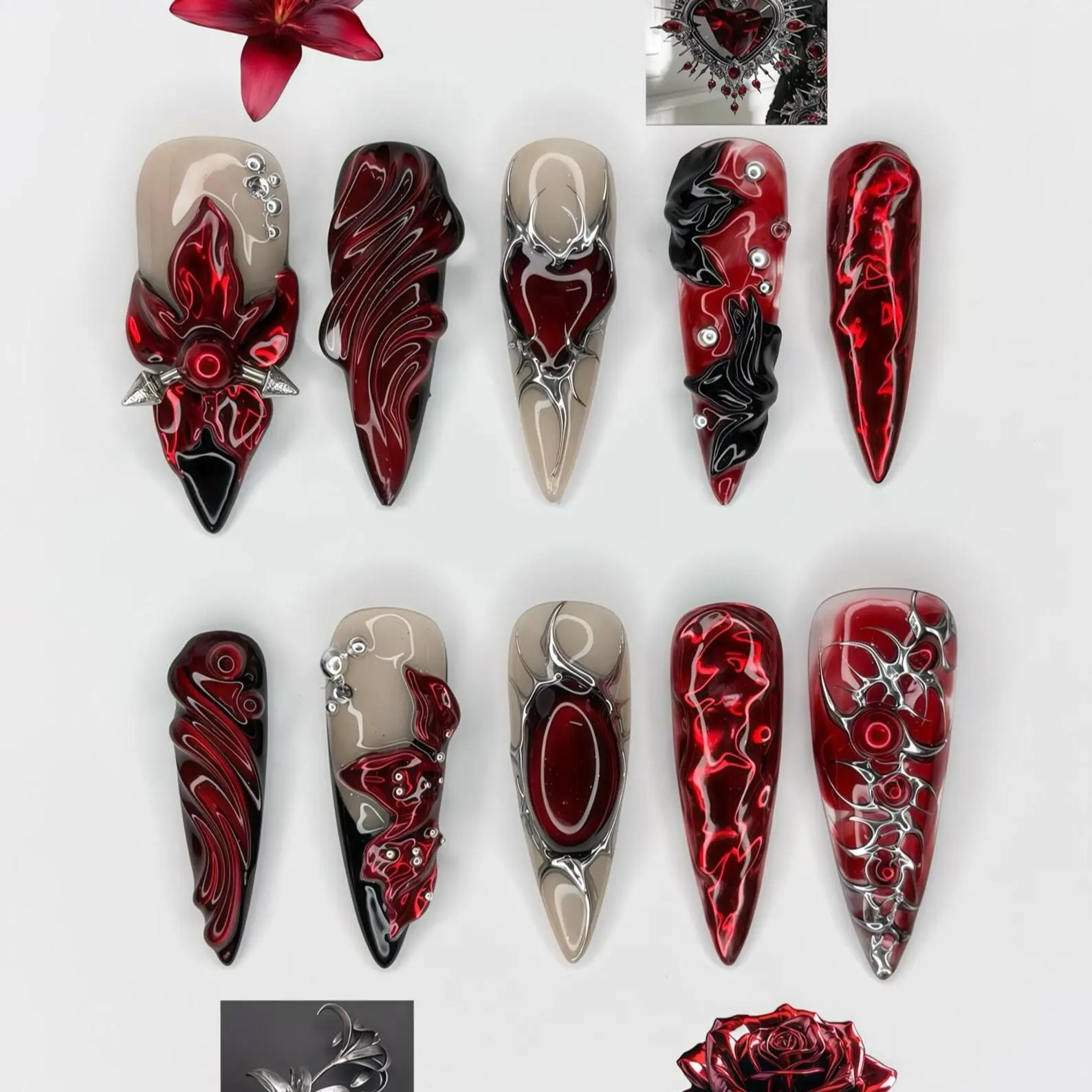 3D Gothic Vampy Press On Nails, 3D Red Flower and Silver Chrome Fake Nails, Halloween or Cosplay Nail Set, Edgy Y2K Reusable Nails