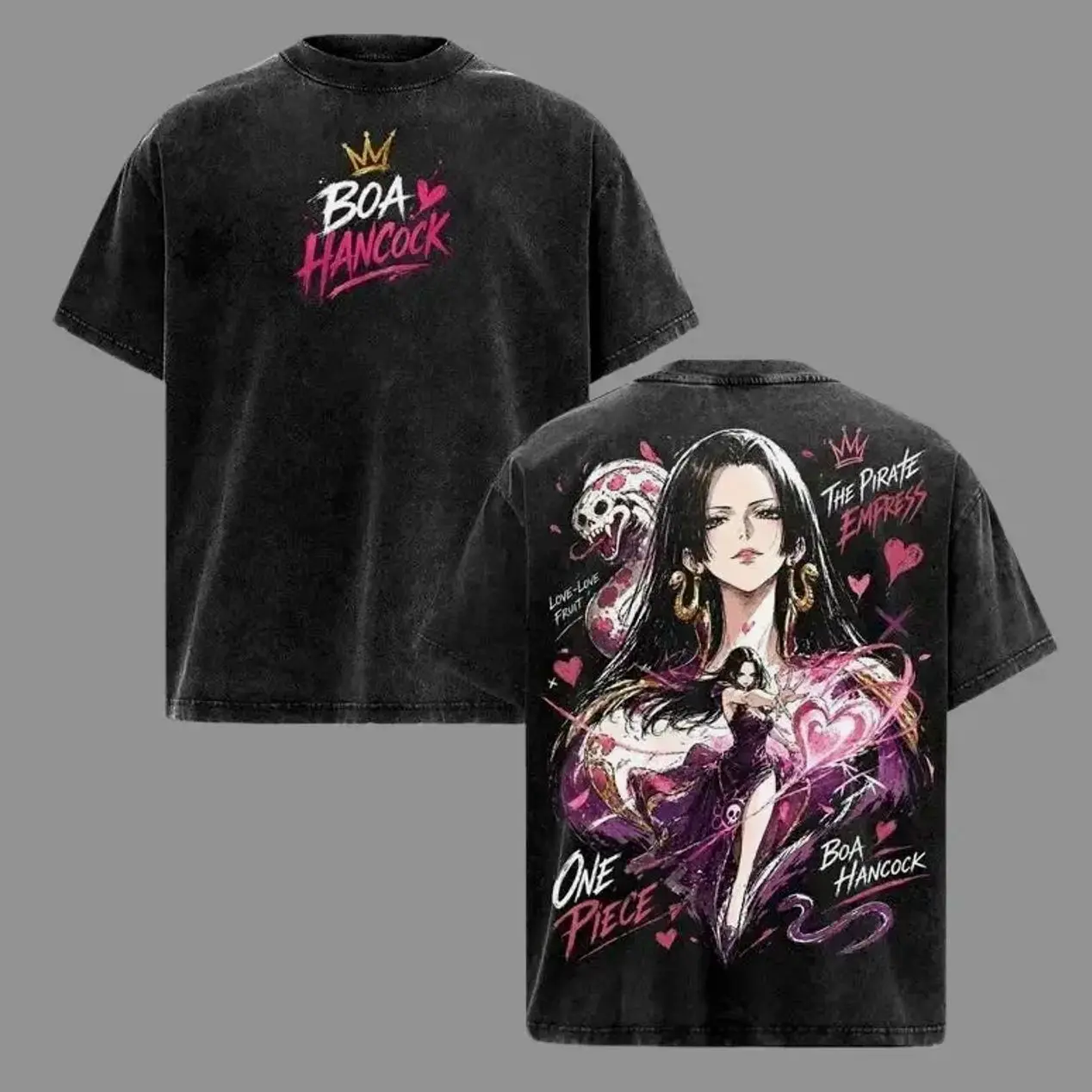 Men's Unisex Vintage Acid Wash T-shirt, Front Golden Crown Pink Brush Font "BOA HANCOCK" Print, Back Full-Color Pirate Empress Boa Hancock & Salome Snake Love-Love Fruit Heart Graphic, 1 Piece Anime Streetwear BNX