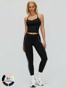 Quick-Drying Naked Feel Yoga Set, Cut-Out Back Tank Top & Colorblock Leggings Sports Tracksuit Set, Outdoor Running Fitness Set, Women's Workout Clothes, Sportswear, Breathable Activewear