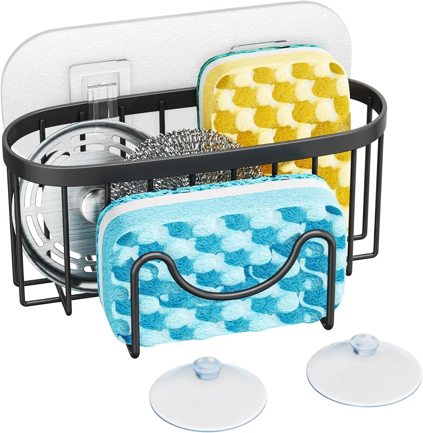 Multifunctional Sponge Holder with Unique M-Shaped, 2 Installation Methods Kitchen Sink Caddy Organizer, Rustproof Stainless Steel Kitchen Organizers and Storage Essentials - Black