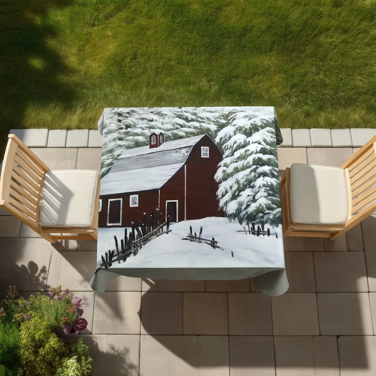 Begin Home Decor C1TC5858VOTFMU 58x58 in. Water-Resistant Farmhouse Rustic White Tablecloth - Red Barn in Snow Design, Stylish Fit for Multiple Decor Themes, Style