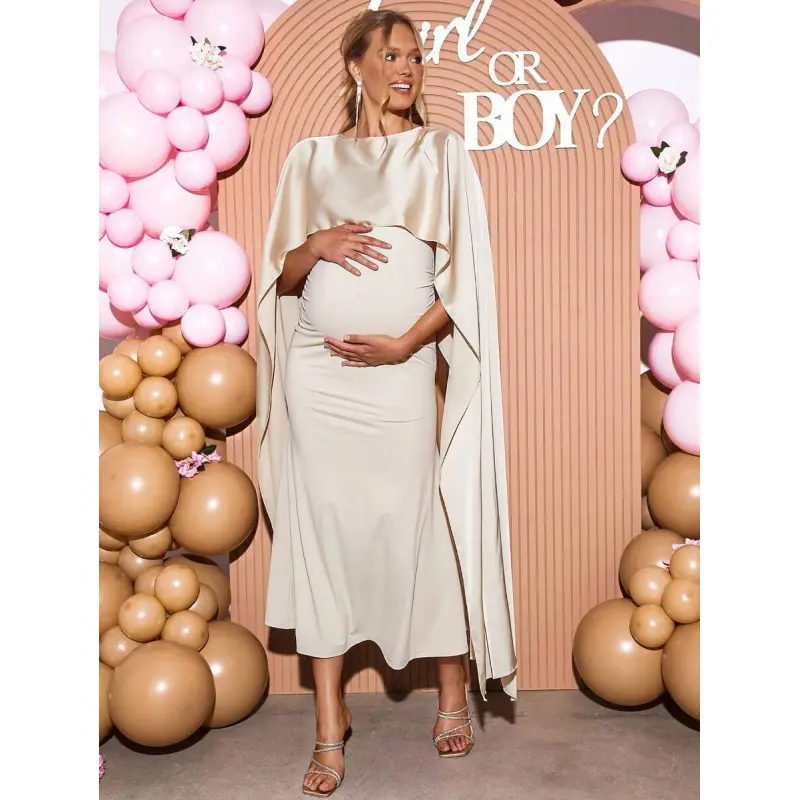 beige maternity dress for photoshoot PinkBlush Beige Long Sleeve Photoshoot Maternity Gown/Dress