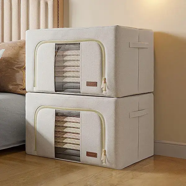 2 Pack Large Foldable Storage Bins with Metal Frame, Clear Window & Carry Handles, Clothes Organizer Boxes for Closet, Bedroom, Home & Dorm