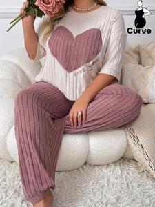 【plus size】 two-piece set heart graphic embroidery drop shoulder tee & plain elastic waist pants pyjama two-piece set, casual comfy round neck half sleeve t-shirt & trousers pj set, women's plus sleepwear for fall & winter, fluffy pajamas