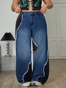 Women's Plus Size Trendy Denim Patchwork Wide Leg Fitted Pants, Soft Comfortable Young Casual Long Trousers, All Seasons Fashion
