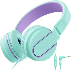 F-HPS18  Headphones, I35 On-Ear Headphones for School, 93dB HD Mic Stereo Headphone for Kid Girls Children, Foldable Wired 3.5mm for Chromebook, Laptop, Computer, Tablet (Green Purple)