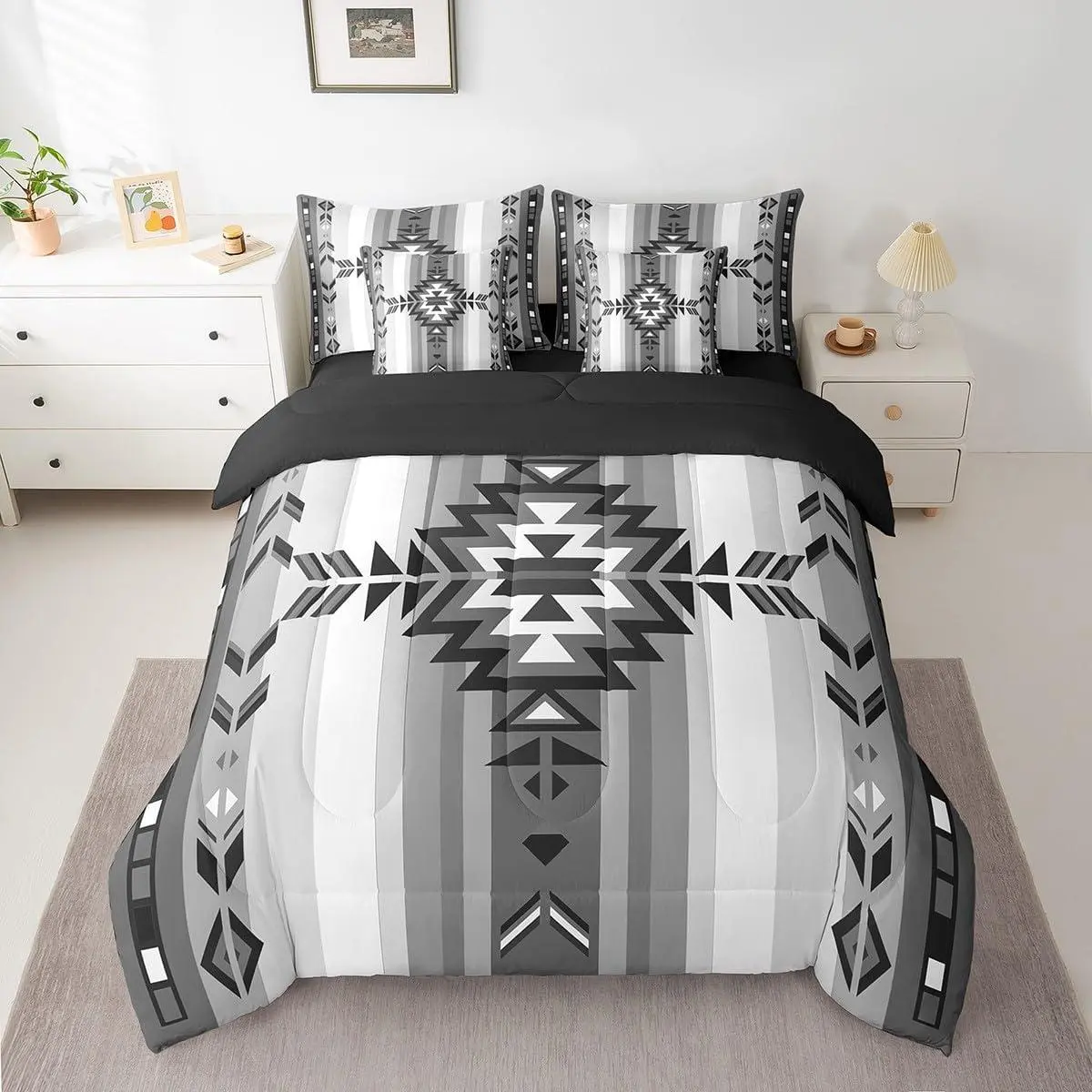 Southwest Native 7 Piece Bedding Set for Boys Girls Southwestern Geometric Bed Set Includes Comforter,Sheets,Pillowcases & Pillow Covers Ombre Grey Tribal Bed in a Bag Western Decor