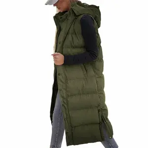 Women's Long Quilted Vest Hooded Sleeveless Button Down Puff Vest Cotton Padded Jacket Winter Coat