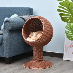 Elevated Cat  with Rotatable Egg Chair Pod, Cat Basket  with Thick Cushion, Natural Mat Grass Woven Kitty House Washable Double-Sided Dog Bed