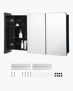 Medicine Cabinet 25.5" X 40" Mirror With Adjustable Shelves, Wall Mounted Bathroom Storage Cabinet For Toiletries, Recessed Or Surface Mount, Moisture Resistant Frame, Double Door With Soft-Close Hinges