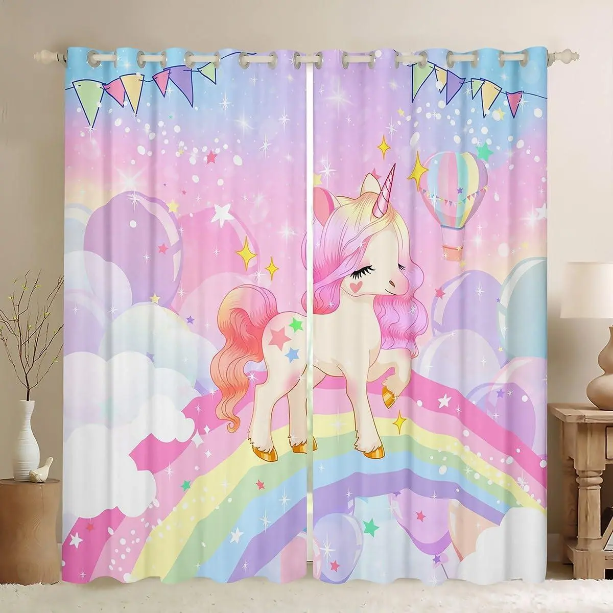 Girls Unicorn Curtains Girls Window Curtains for Bedroom Living Room Cute Rainbow Unicorn Print Window Drapes Treatments Kids Cartoon Kawaii Galaxy Stars Fantasy Decor Pink ,2 Panels
