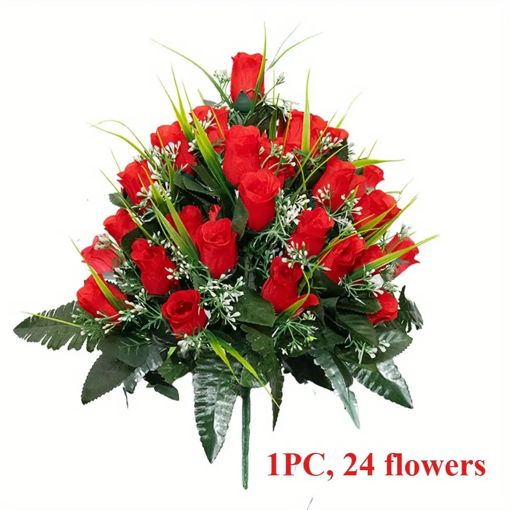 24-Head Artificial Rose for Cemetery Memorial, Durable Plastic, Outdoor Decoration, Thanksgiving & Anniversary Gift, Fresh, Artificial Flower Decoration