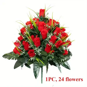 24-Head Artificial Rose for Cemetery Memorial, Durable Plastic, Outdoor Decoration, Thanksgiving & Anniversary Gift, Fresh