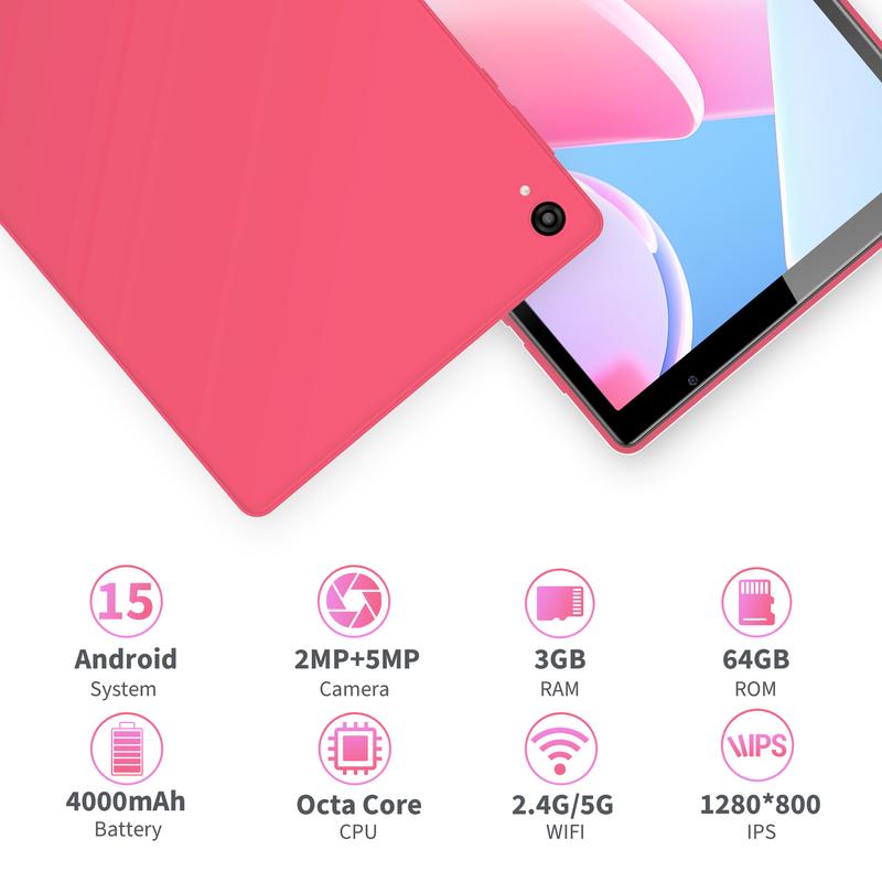 Veidoo 10.1" Android Tablet – 3GB RAM, 64GB +256GB Expandable, HD Touchscreen, 5G WiFi, Face Unlock, Eye Care Mode (Rose Pink)