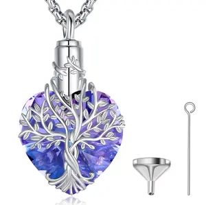 S925 Sterling Silver Tree of Life Cremation Necklace, Teardrop Crystal Urn Pendant, Sympathy Keepsake Jewelry Gift for Loved Ones & Pets