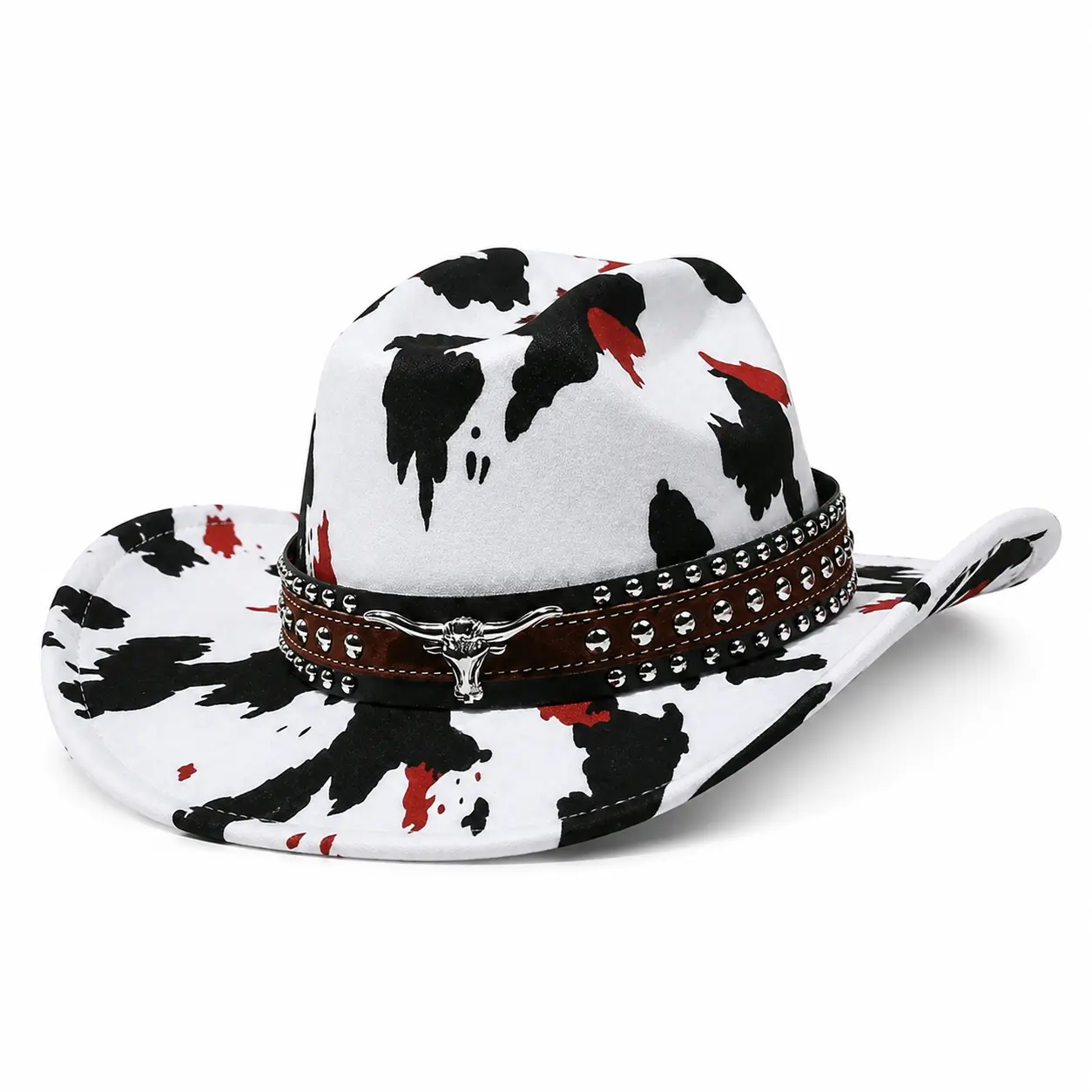 Unisex Western Fit Cowboy Hat - Cow Print, Wide Brim, Metal Bull Head Rivet Band - for Music Festivals, Outdoor Events, Festival Goers