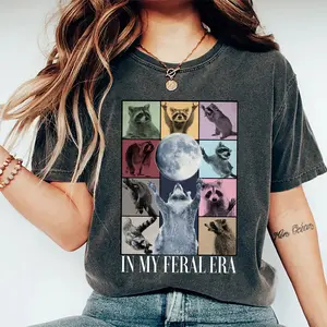 In My Feral Era Shirt, Racoons Howling At The Moon T-shirt, Funny Racoons Graphic Printed Tee, Soft Fabric Short Sleeve Tee For Racoon Lover, Women's Tops, Womenswear, Women Daily Basic Outfits, Cotton Fabric Relaxed Fit Chic Style