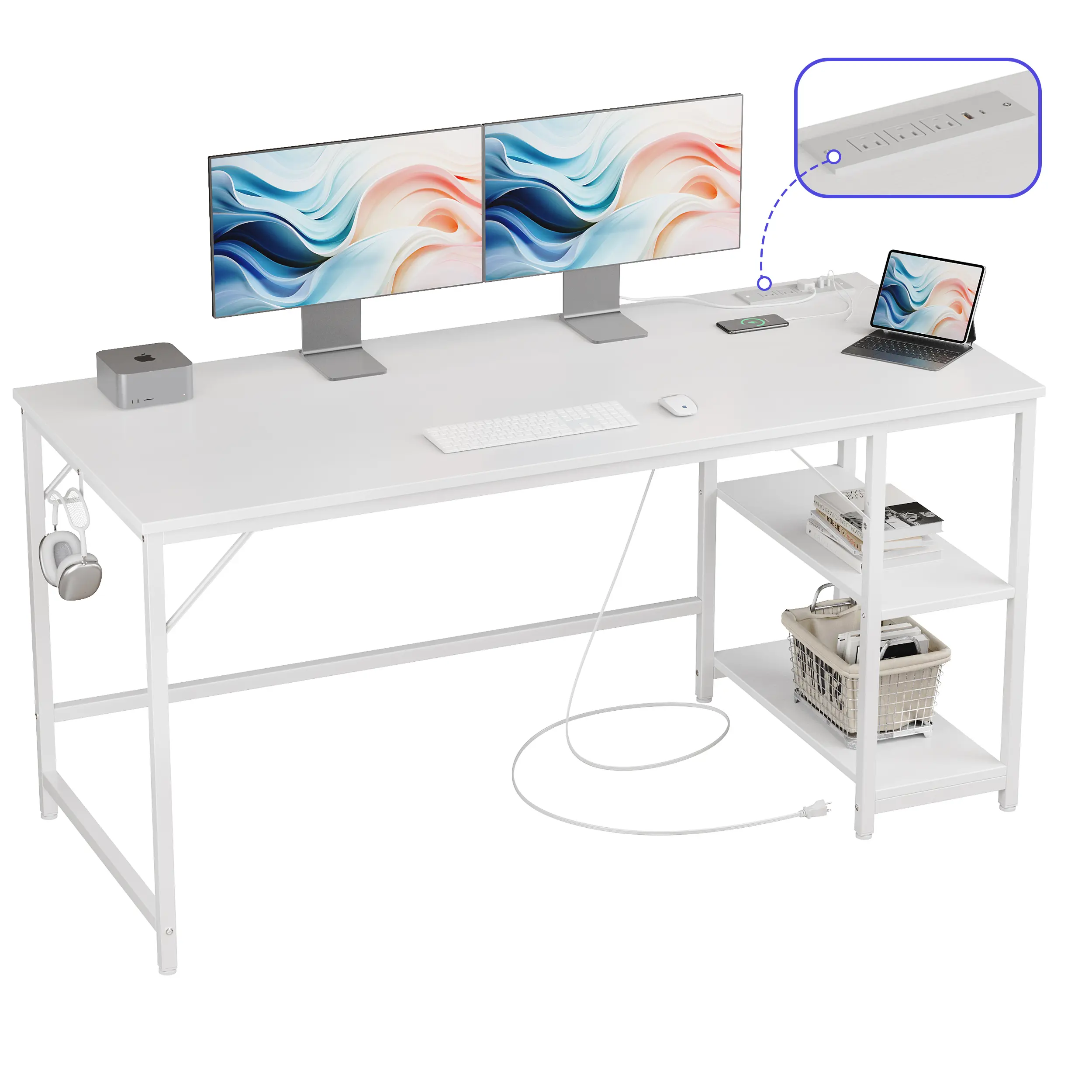 JOISCOPE 60 Inch Small Gaming Computer Desk with Table Power Outlets, Storage Shelves & USB & Type-C Outlet