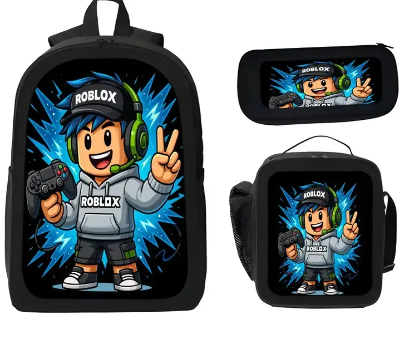 3pcs Set Cartoon Backpacks ROBLOX Fashion Style with Adjustable Strap Zipper Closure includes Backpack Lunch bag Pencil Case for School Travel Camping