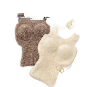 New style women's thermal vest with chest pads and fleece lining, no need to wear a bra, integrated fleece-lined and thickened winter top for women