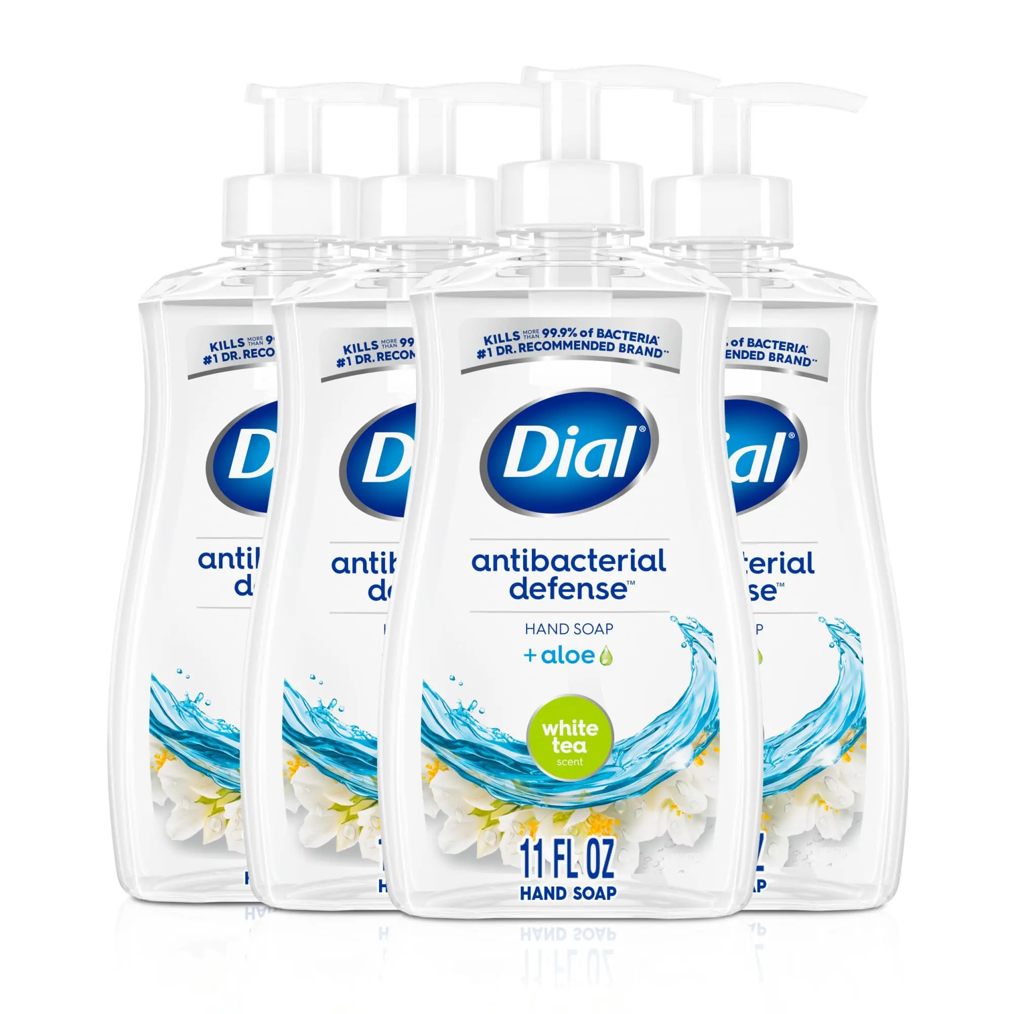 Dial Antibacterial Defense Liquid Hand Soap + Aloe, White Tea Scent, 11 Fl Oz (Pack of 4), Dermatologist-Tested Hand Wash, Gentle Formula