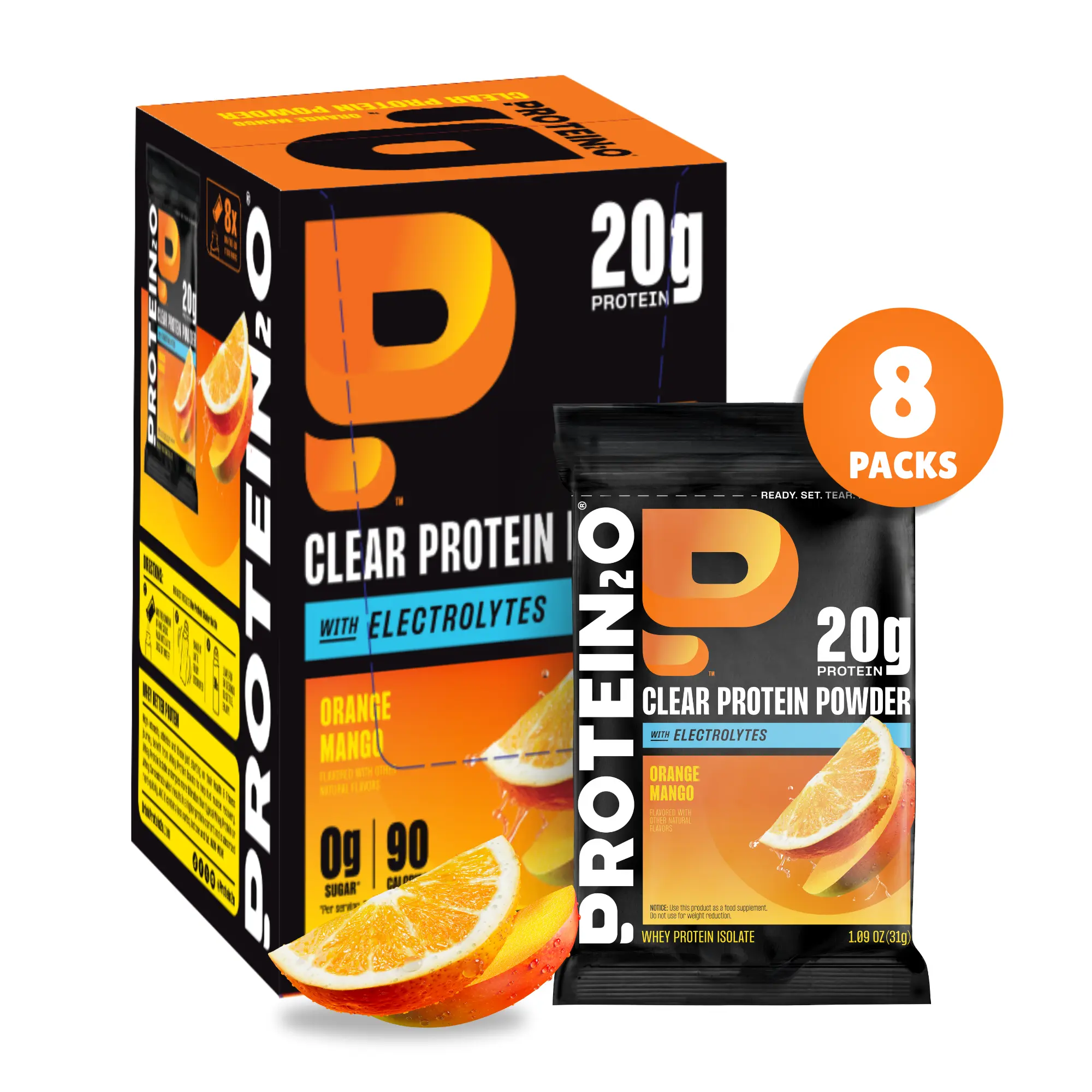 Protein2o 20g Whey Protein Isolate Clear Protein Powder, 370mg of Electrolytes, Vitamins B5 & B6, Sugar Free, Orange Mango, 8-Pack