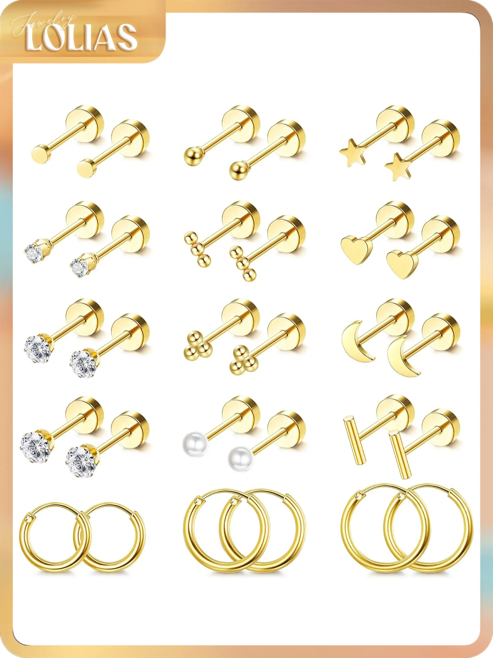 LOLIAS Small Hypoallergenic Flat Back Stud Earrings for Women Men 14K Gold Plated Surgical Stainless Steel Earring Sets Tiny Screw Back Cartilage Earrings for Sensitive Ears, Studs Earrings