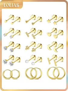 LOLIAS Small Hypoallergenic Flat Back Stud Earrings for Women Men 14K Gold Plated Surgical Stainless Steel Earring Sets Tiny Screw Back Cartilage Earrings for Sensitive Ears, Studs Earrings