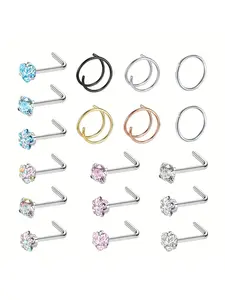 18pcs Rhinestone Decor Spiral Nose Ring & L-shaped Nose Stud Set, Casual Stainless Steel Jewelry for Vacation Party Daily Gift, Classic Fashion Accessories for Daily Wear