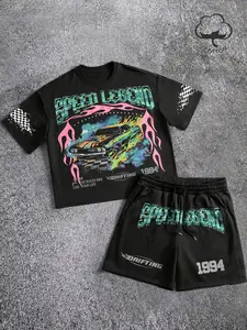 Unisex design, urban street style, racing-themed short-sleeved jacket and drawstring waist shorts set, trendy streetwear, Y2K fashion. Suitable for racing enthusiasts, ideal for casual daily wear, perfect as a gift for men.