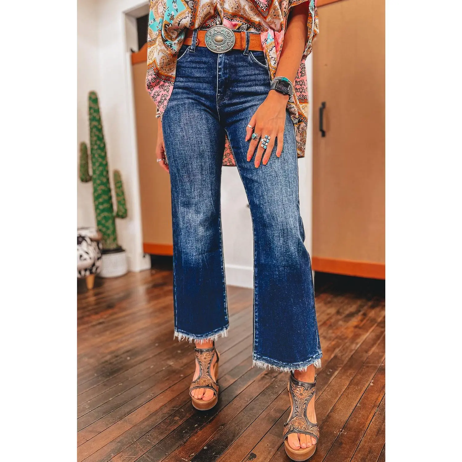Sail Blue Mineral Wash Raw Hem High Waist Flared Jeans