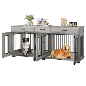 Heavy Duty Double Dog Crate Furniture - 71" Indoor Wooden Kennel with Divider & 3 Storage Drawers, Decorative TV Stand Pet Bed, Enclosure, Wooden Crates,summervibes