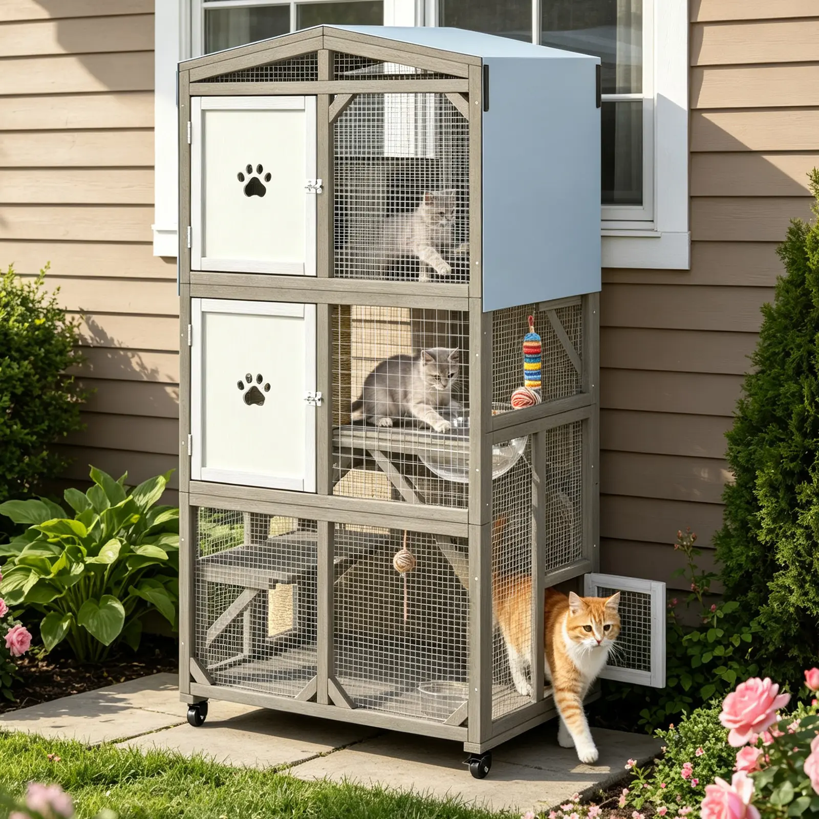 Petscosset Solid Wood 3-Tier Tall Catio - Elevated Frame, Multi-Level Jumping Platforms, Expandable Connectable Design, Mobile Brake Wheels, Multiple Access Doors, All-in-1 Cat Play & Rest Playpen for Balcony, Living Room