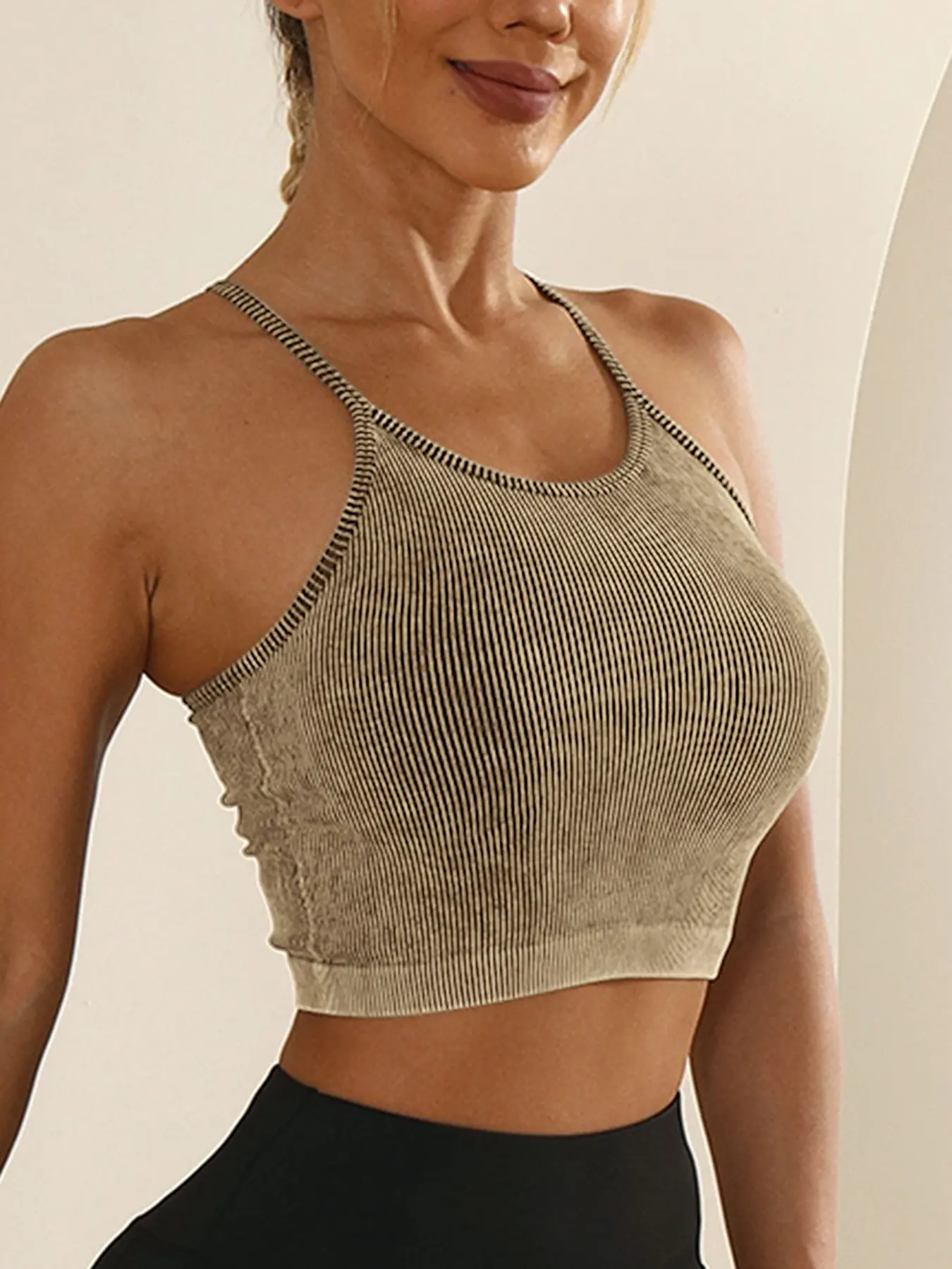1 Piece Women's Seamless Sleeveless Backless Racerback Washed Cropped Ribbed Yoga Fitness Sport Top Tank Top without Pads