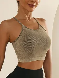 1 Piece Women's Seamless Sleeveless Backless Racerback Washed Cropped Ribbed Yoga Tank Top without Pads Athletic Tops