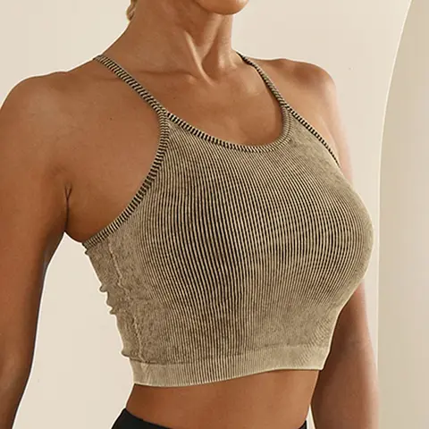 1 Piece Women's Seamless Sleeveless Backless Racerback Washed Cropped Ribbed Yoga Fitness Sport Tank Top without Pads Activewear Tops