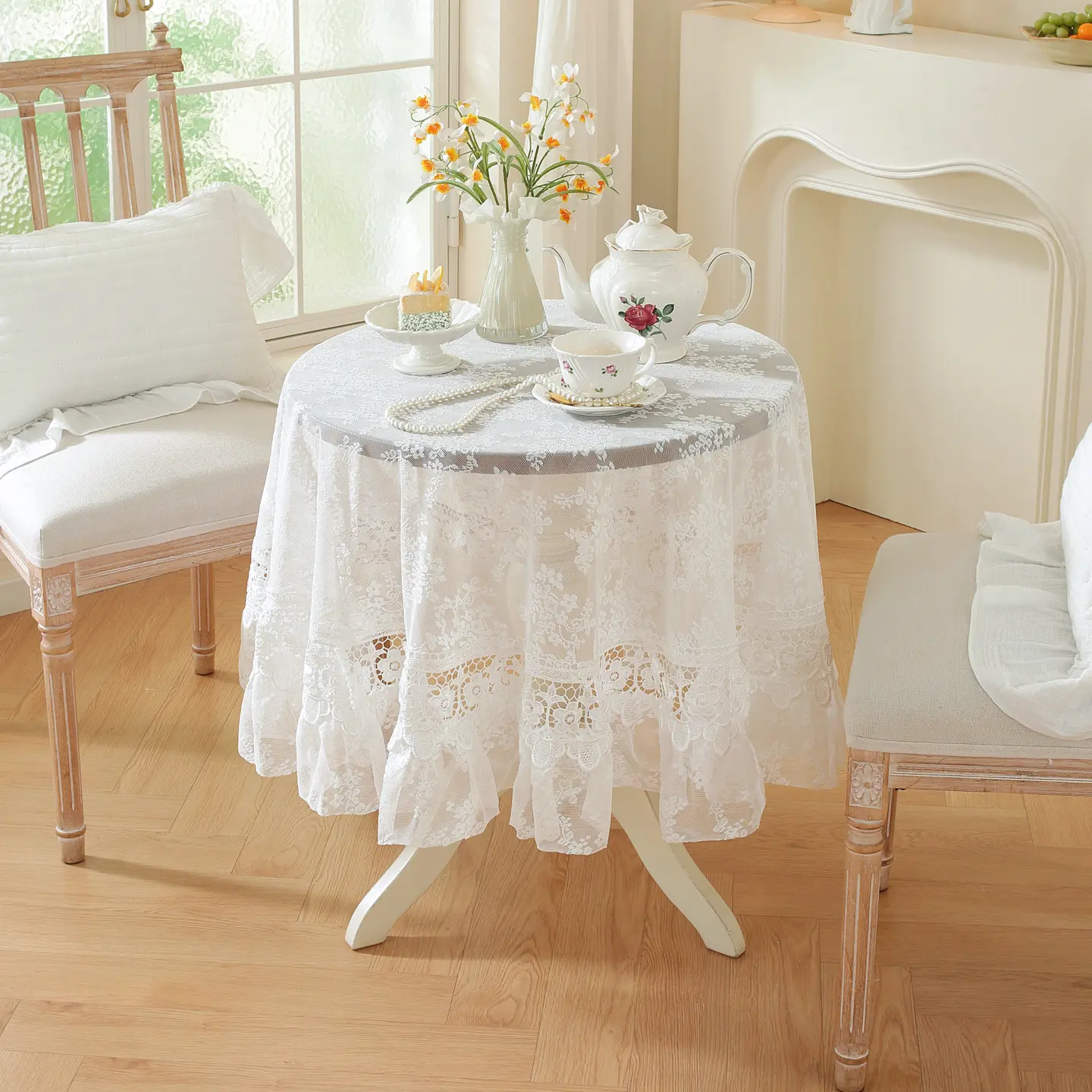 White Lace Round Tablecloth: Floral Embroidered Ruffled Edge Polyester Table Wear