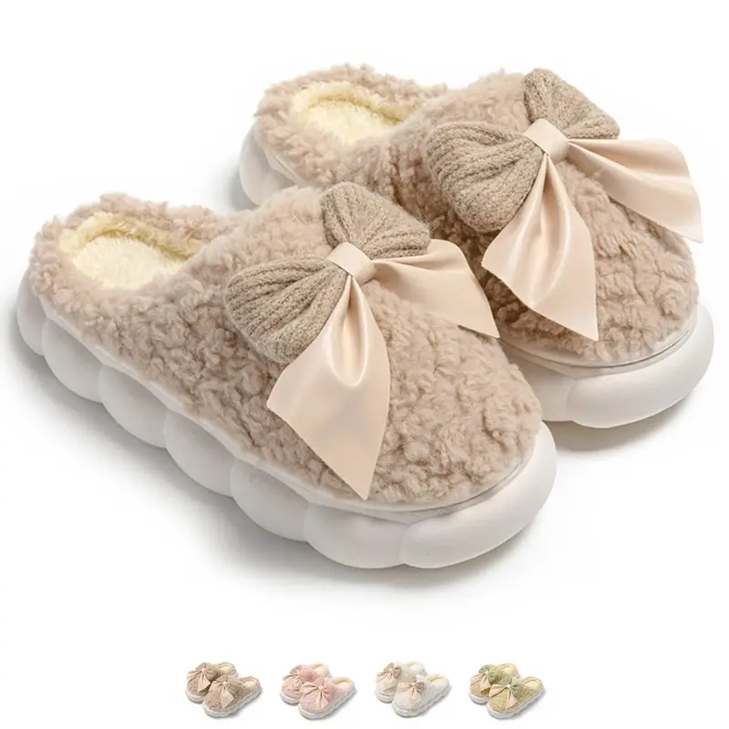 Women’s Bow Slipper Shoes – Warm Indoor House Slippers with Non-Slip Thick Sole, Cozy Soft Plush Lining, Winter Home Shoes for Bedroom, Office, & Living Room Comfort