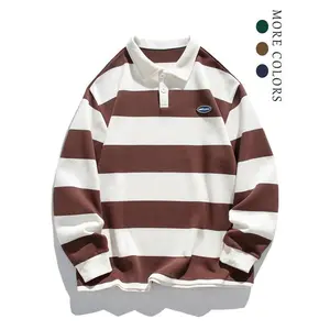 Men’s casual striped polo shirt with a buttoned collar, fashionable patch logo, loose fit; suitable for everyday wear and streetwear.