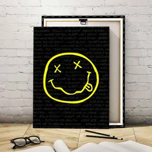 1Count Wooden Frame Canvas, Yellow Smiley Face On Black Background, Exquisite Poster, Fashion Living Room Decoration, Modern Art, Bedroom Poster, High Definition Home Poster, Affordable Poster, Ideal Gift, Waterproof, Printing, Art
