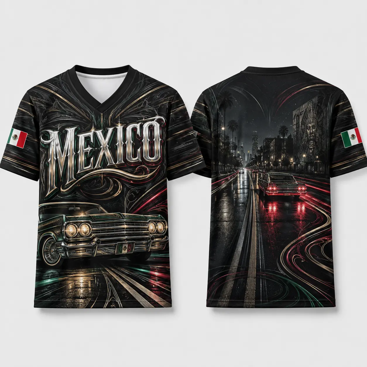 Men's Lightweight Sporty Chic Mexican-Inspired Black Lowrider V-Neck Graphic Street Wear Shirt - Classic Car Night Print, Short Sleeve Male Casual Sports Top for Parties, Car Meets