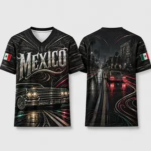 Mexican-Inspired Black Lowrider V-Neck Graphic Shirt, Classic Car Night Street Print Short Sleeve Casual Sports Top for Men