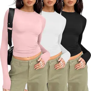 3 Piece Long Sleeve Shirts Basic Crop Tops Going Out Fall Fashion Underscrubs Layer Slim Fit Tops for Woman