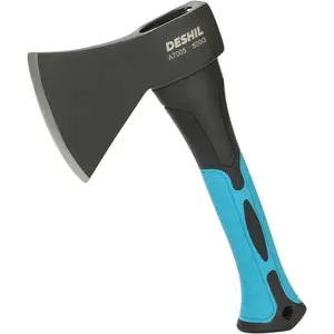 DESHIL 10” Forged Carbon Steel Heat-Treated Outdoor Hatchet - Durable Wood Chopping Hand Tool, Fiberglass Shock-Reduction Handle with Anti-Slip Grip for Camping, Hammer Functionality
